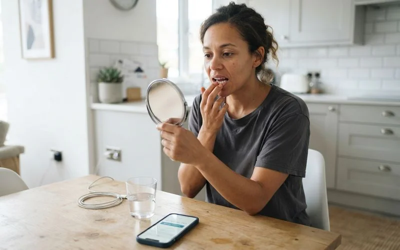 Person examining a loose dental crown with a hand mirror before calling their dentist