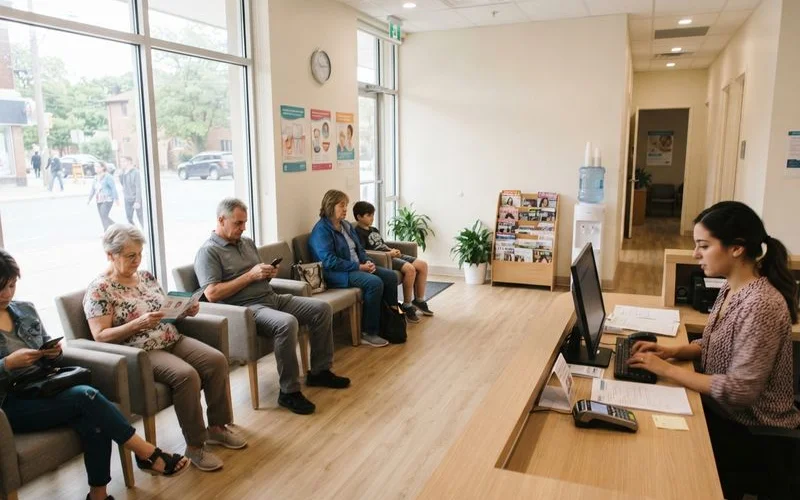 Community health clinic waiting area with patients checking in for a dental appointment