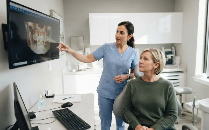 Dentist reviewing a full mouth CT scan with a patient at a consultation desk