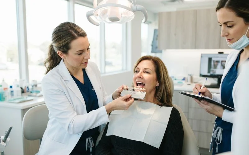 Dental technician matching crown shade and shape for a single tooth implant restoration