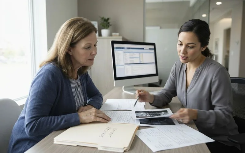 Person reviewing dental records and paperwork at a desk before filing a formal complaint