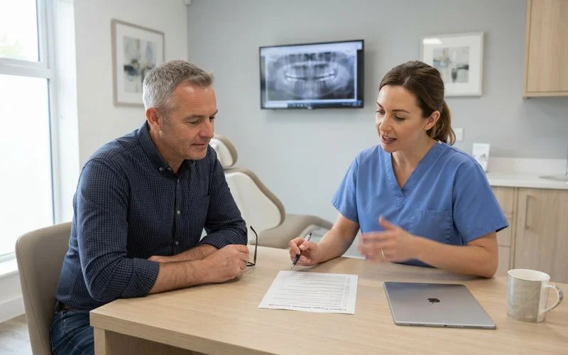 Dental provider explaining a surgical risk checklist to a patient before an implant procedure