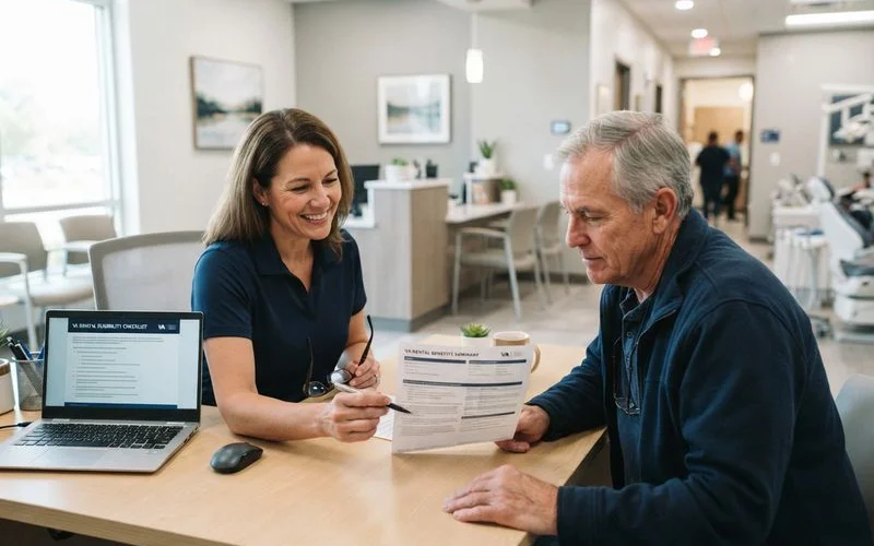 Veteran reviewing paperwork with a VA dental benefits counselor